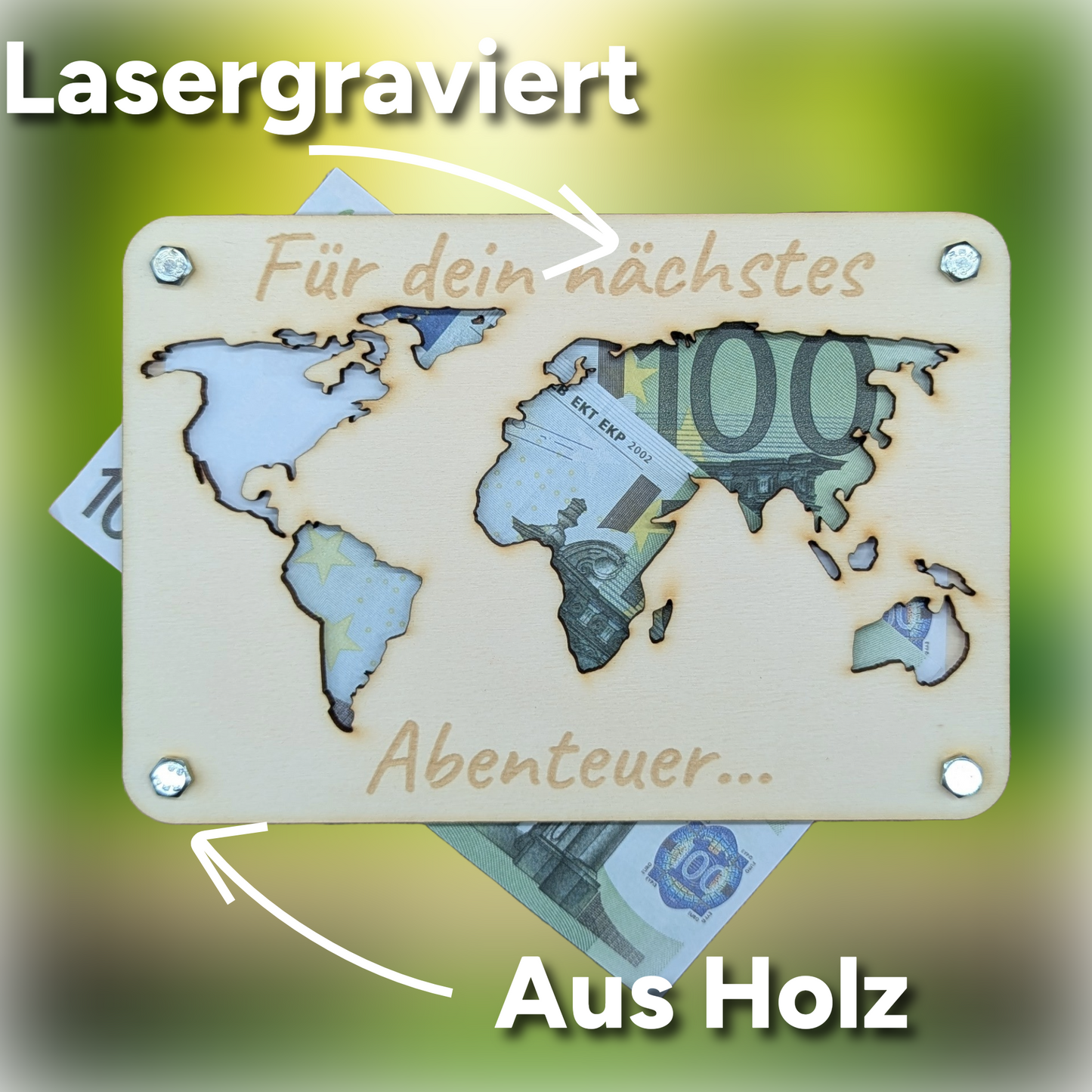 Holz Geldgeschenk-Set | 6-teiliges Bundle „Nichts & Weltkarte“