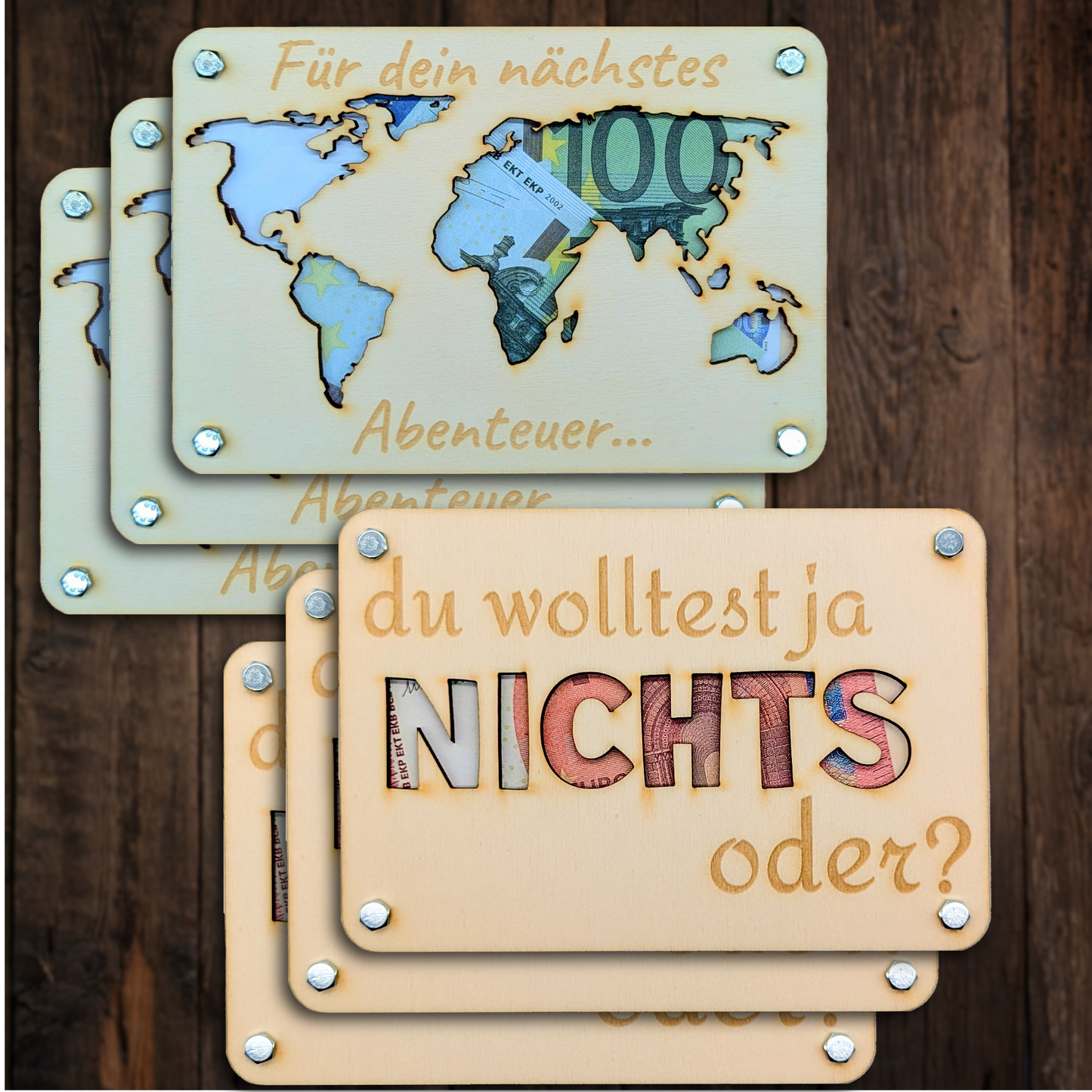 Holz Geldgeschenk-Set | 6-teiliges Bundle „Nichts & Weltkarte“