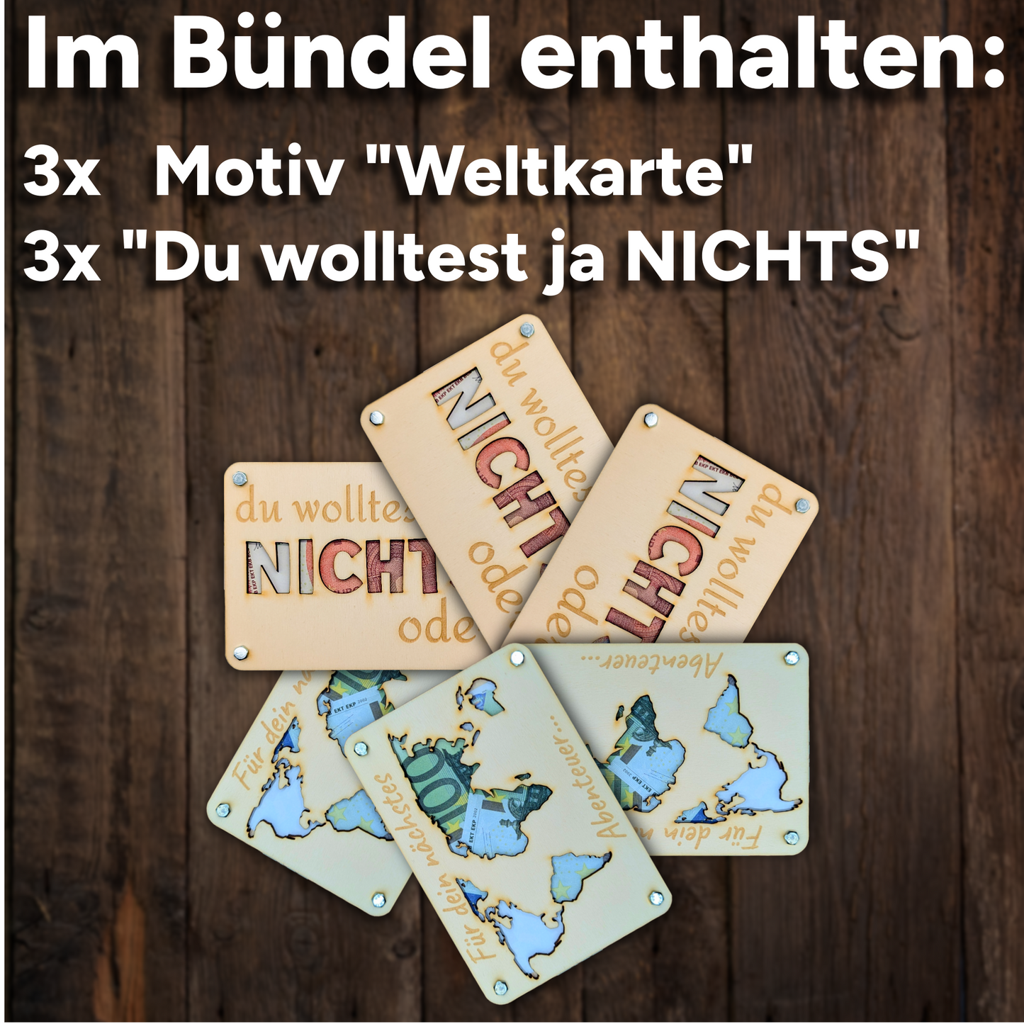 Holz Geldgeschenk-Set | 6-teiliges Bundle „Nichts & Weltkarte“