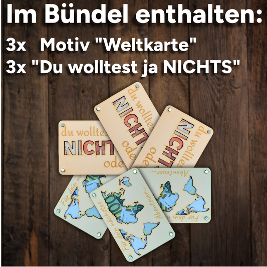 Holz Geldgeschenk-Set | 6-teiliges Bundle „Nichts & Weltkarte“