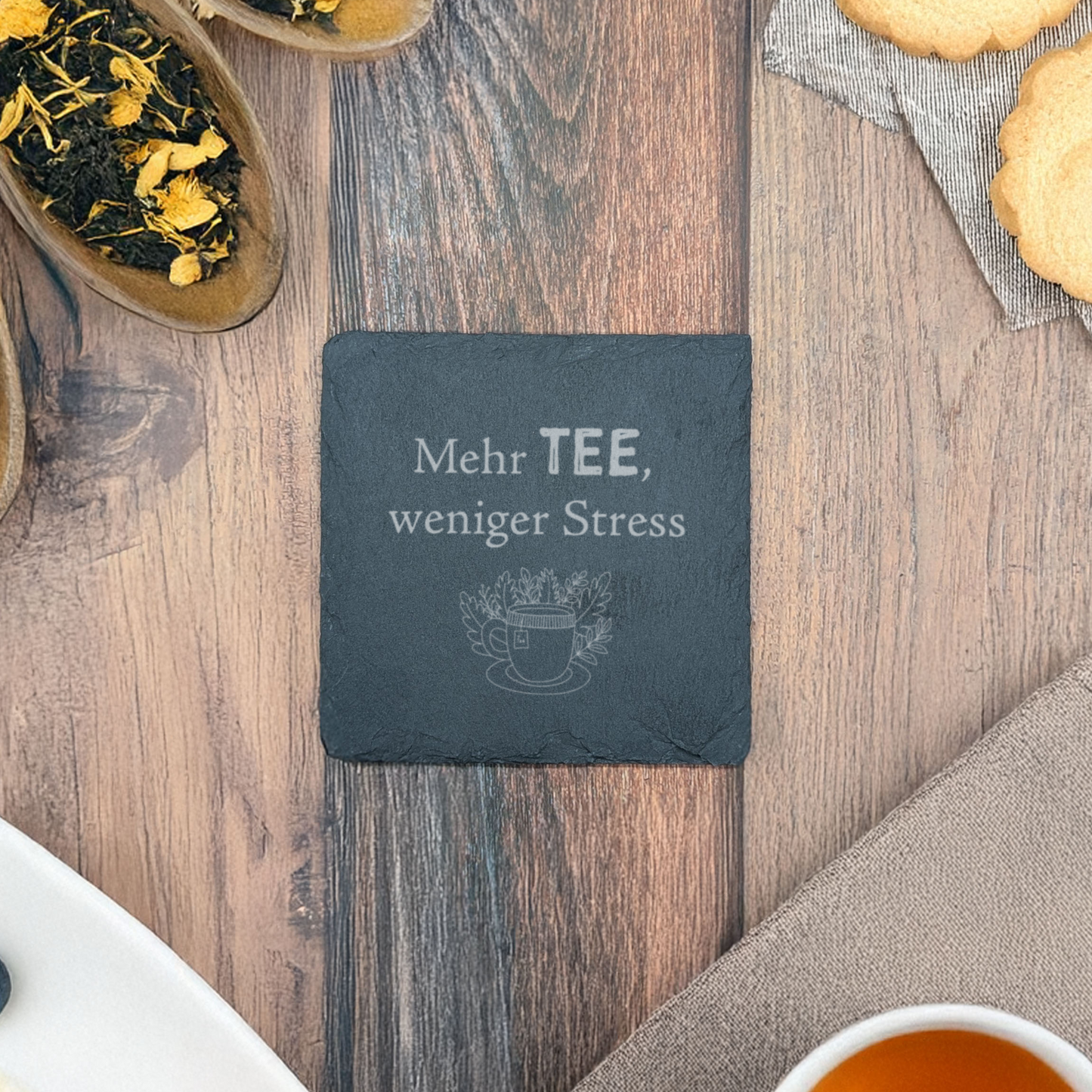 6er Set - Schiefer Untersetzer - Tee Sprüche