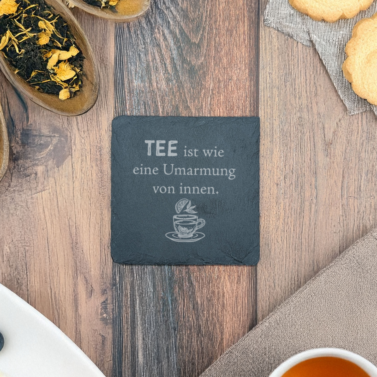 6er Set - Schiefer Untersetzer - Tee Sprüche