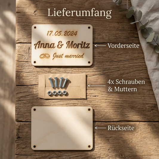Geldgeschenkkarte aus Holz für Hochzeiten mit Datum und Namen des Brautpaares