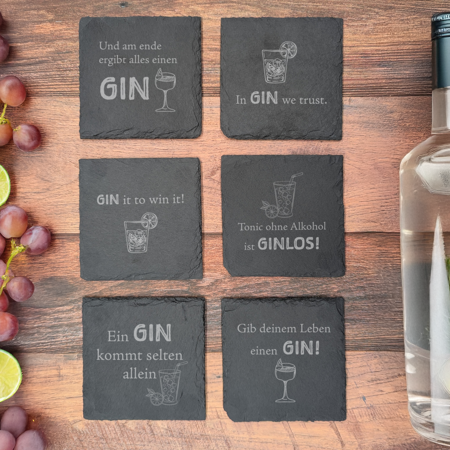 6er Set - Schiefer Untersetzer - Gin-Sprüche