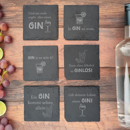 6er Set - Schiefer Untersetzer - Gin-Sprüche