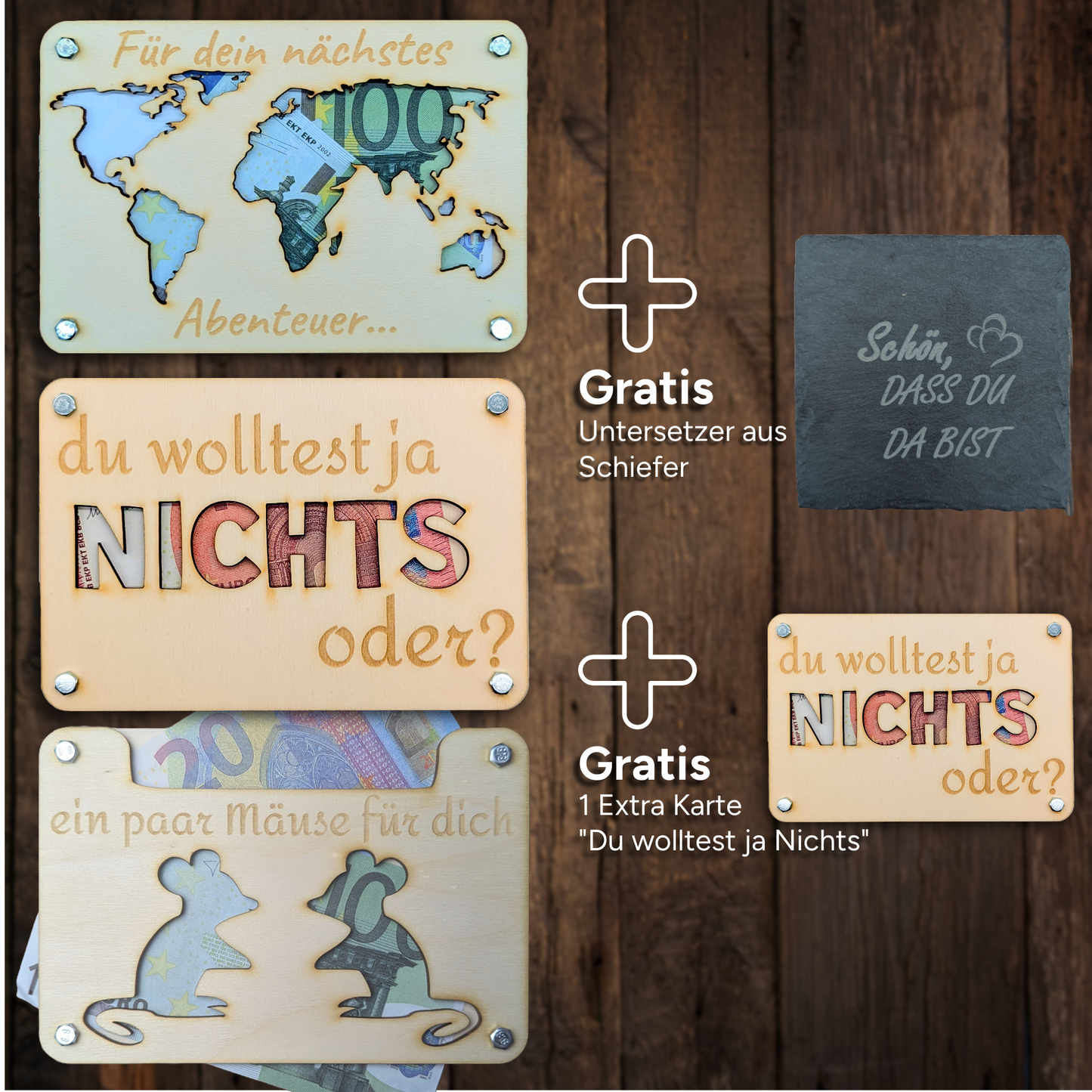 Geldgeschenk Super-Set: 3 Designs + 2 Gratis‑Goodies (5‑teilig)