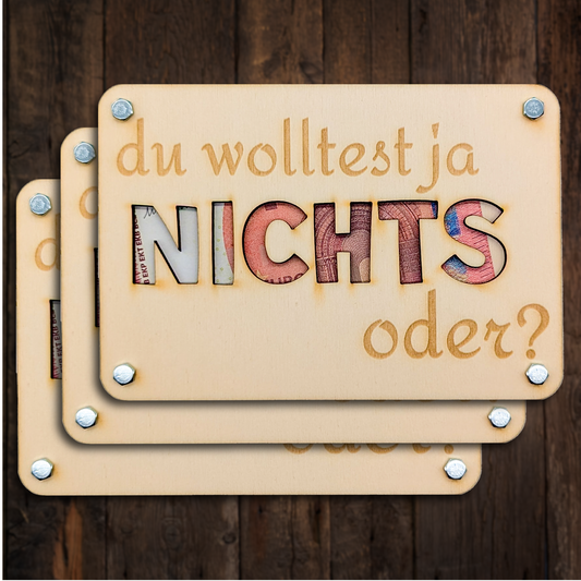 Bundle „Du wolltest ja nichts“ – Geldgeschenkkarten‑Pack (3 / 4 Stück, Holz)
