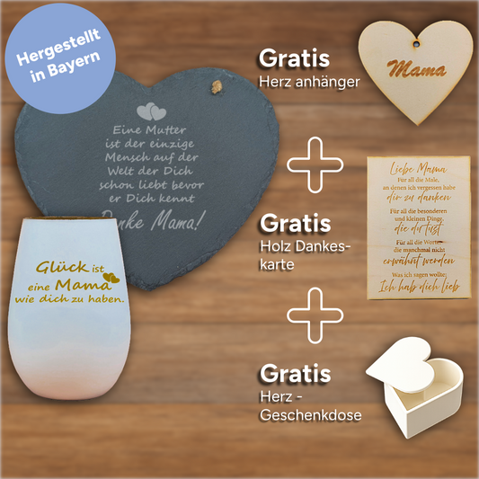 Muttertags Geschenkset – Schieferherz & Windlicht mit Gravur - Fünfteiliges Set