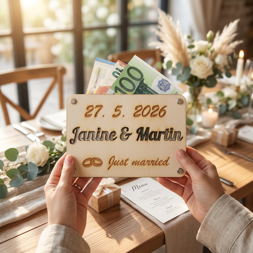 Geldgeschenkkarte aus Holz für Hochzeiten mit Datum und Namen des Brautpaares