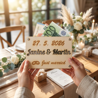 Geldgeschenkkarte aus Holz für Hochzeiten mit Datum und Namen des Brautpaares