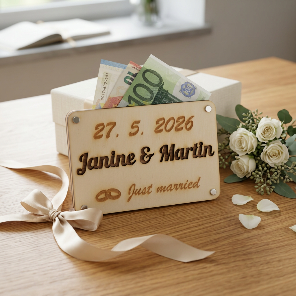 Geldgeschenkkarte aus Holz für Hochzeiten mit Datum und Namen des Brautpaares