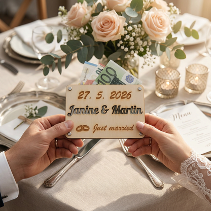 Geldgeschenkkarte aus Holz für Hochzeiten mit Datum und Namen des Brautpaares
