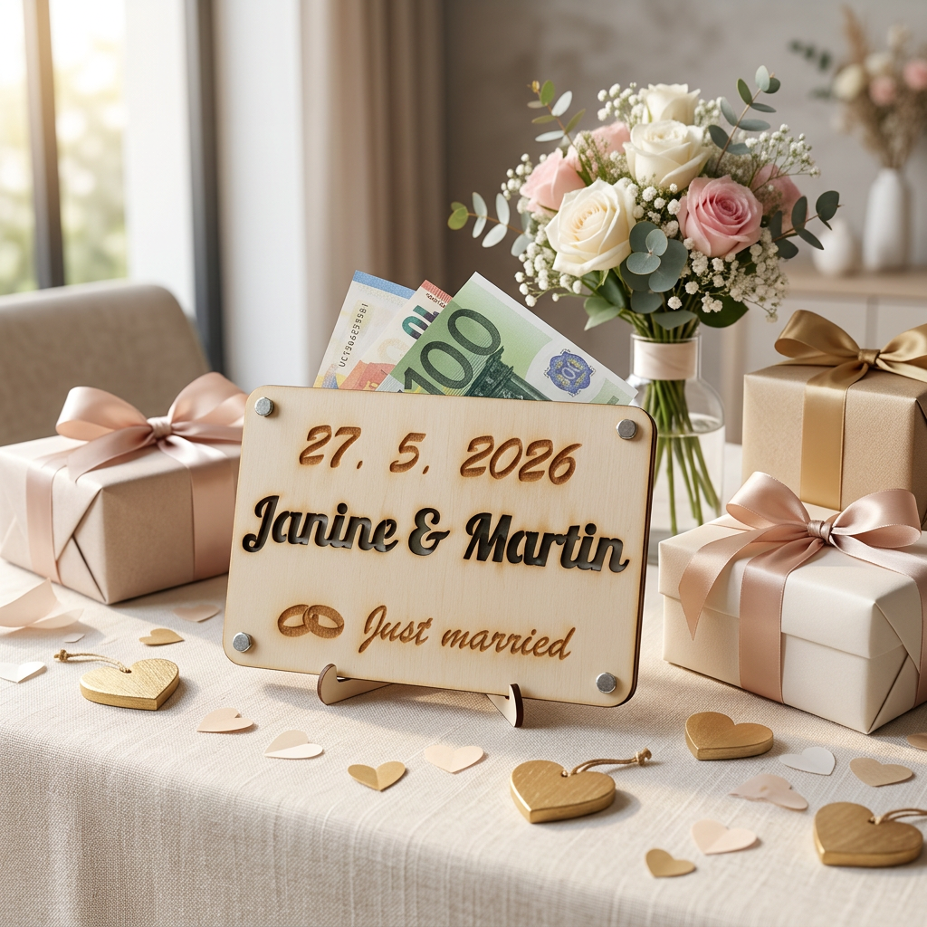 Geldgeschenkkarte aus Holz für Hochzeiten mit Datum und Namen des Brautpaares