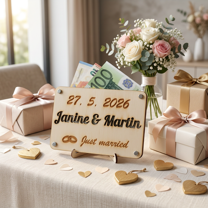 Geldgeschenkkarte aus Holz für Hochzeiten mit Datum und Namen des Brautpaares