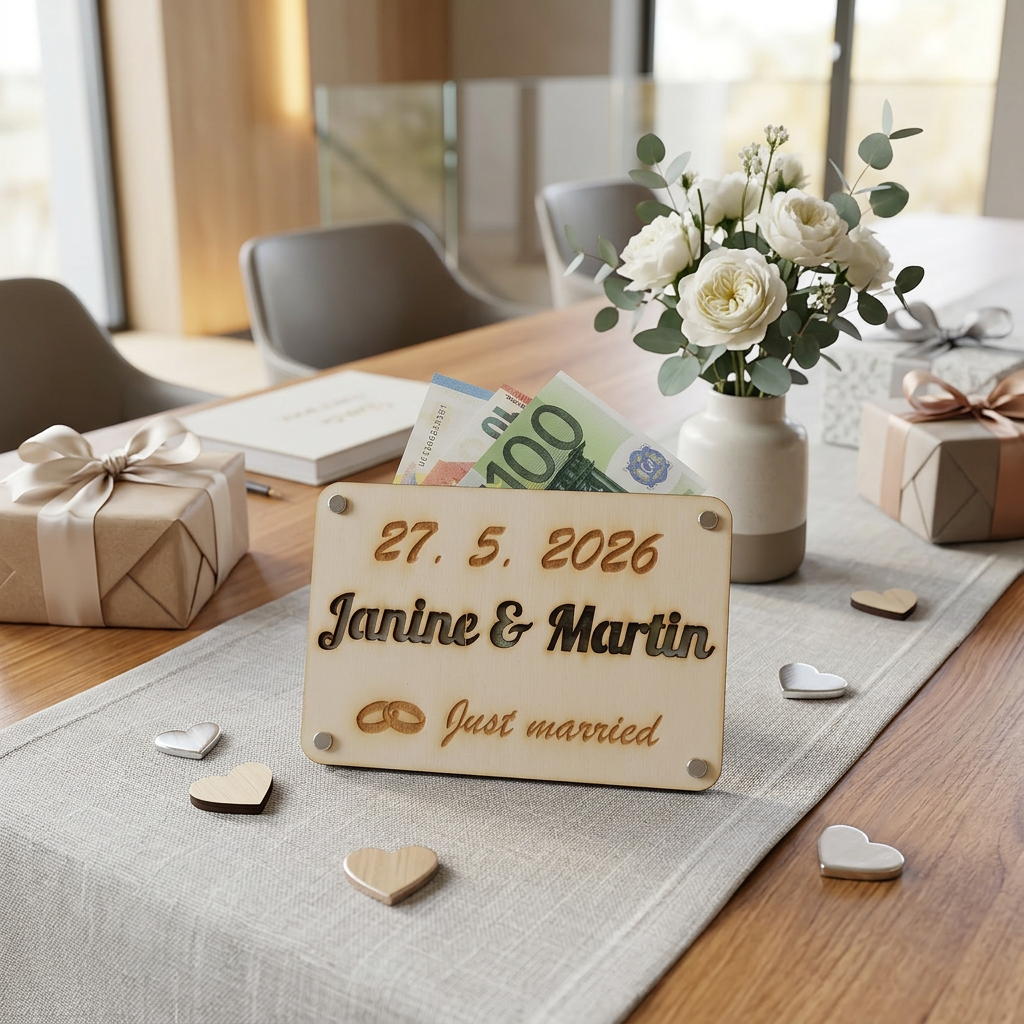Geldgeschenkkarte aus Holz für Hochzeiten mit Datum und Namen des Brautpaares