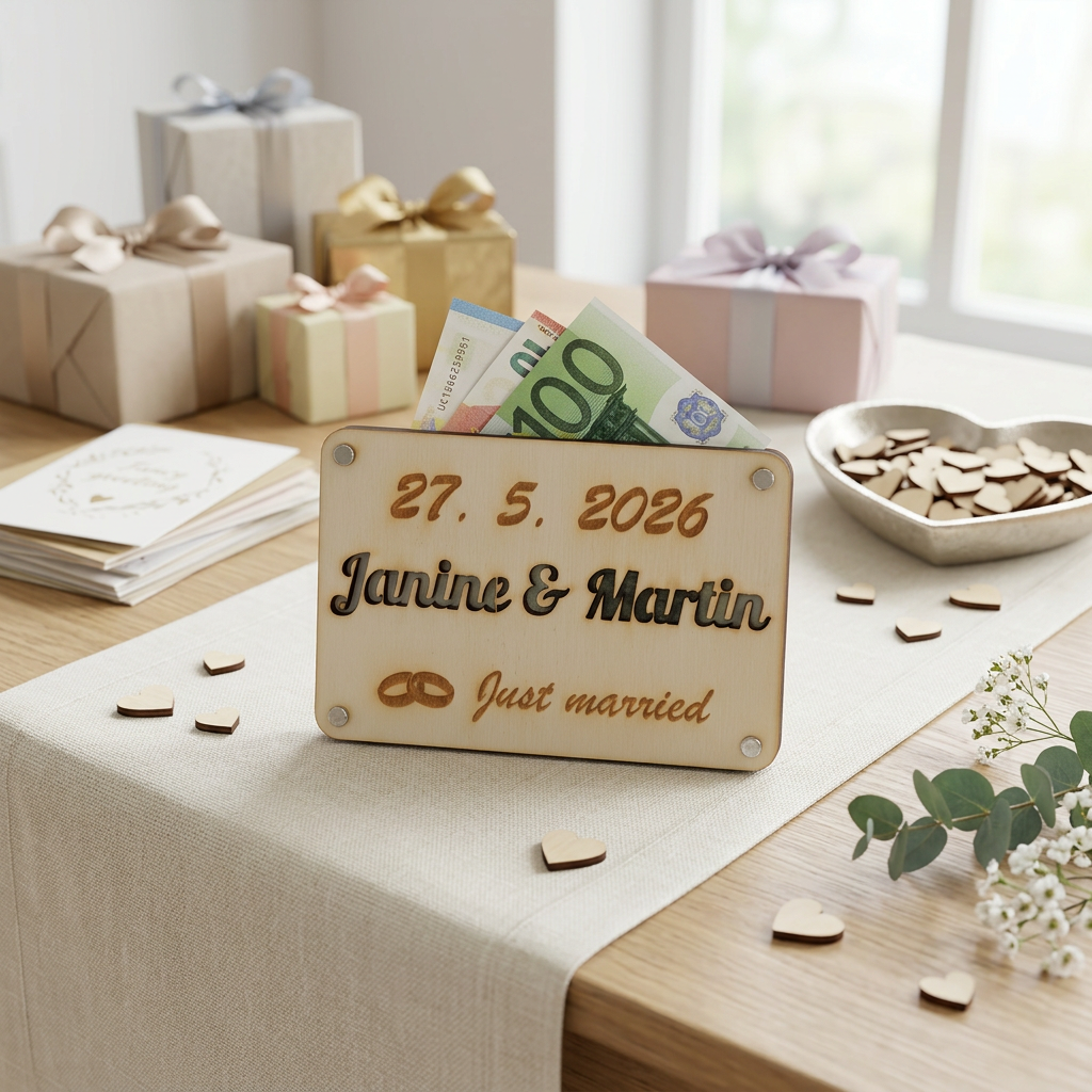 Geldgeschenkkarte aus Holz für Hochzeiten mit Datum und Namen des Brautpaares
