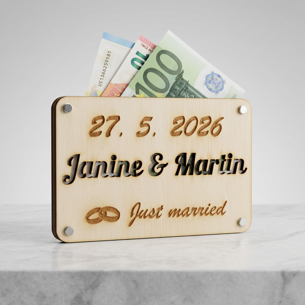 Geldgeschenkkarte aus Holz für Hochzeiten mit Datum und Namen des Brautpaares